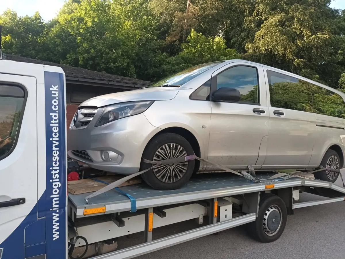 Silver Mercedes Vito van on IM Logistics flatbed — 24/7 van recovery service